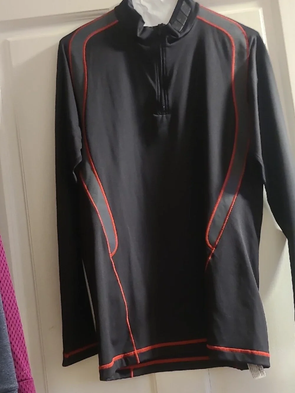 Men's Black Long-Sleeve Swim Shirt with Red Accents